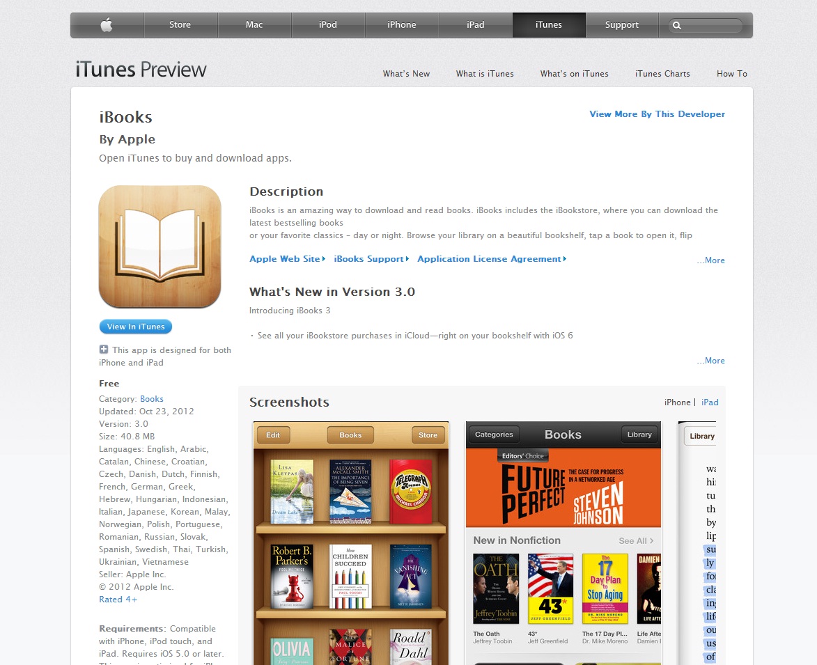 iTunes preview of iBooks update