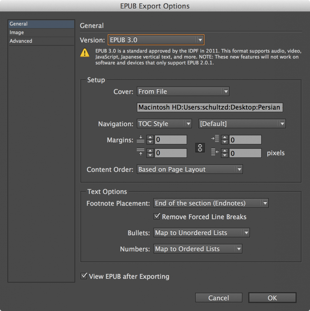 The General Settings Pane of InDesign’s EPUB Export