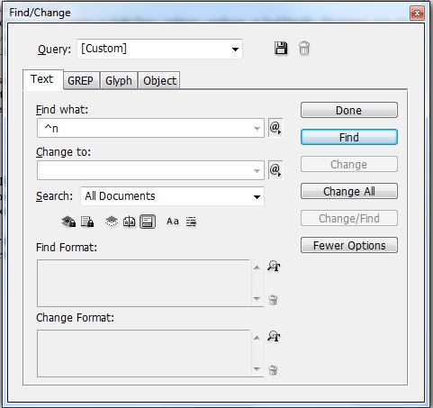 InDesign Find/Change Dialog Box for Removing Forced Returns from Text Tab