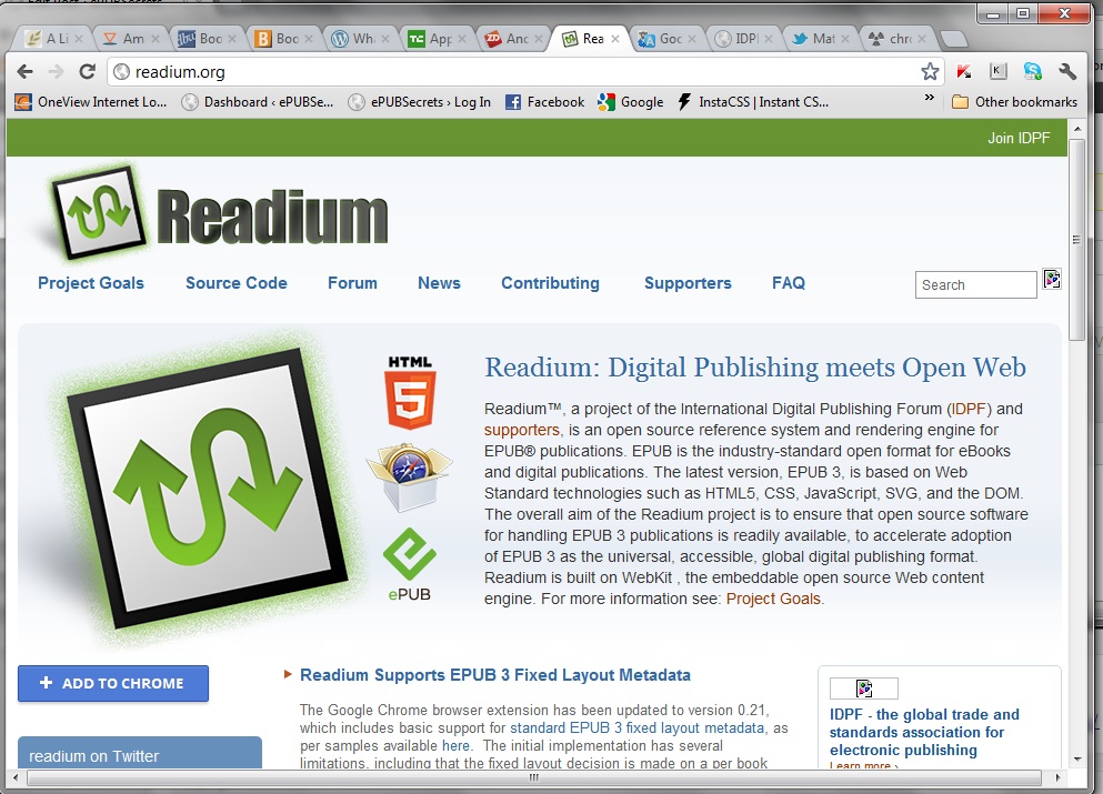 An image of the Readium homepage with the + Add to Chrome button