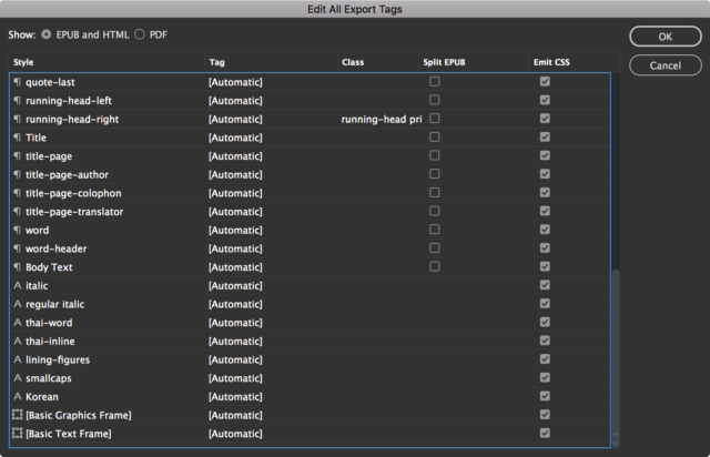 The edit all export tags dialog as it looks for most people, with no custom tags