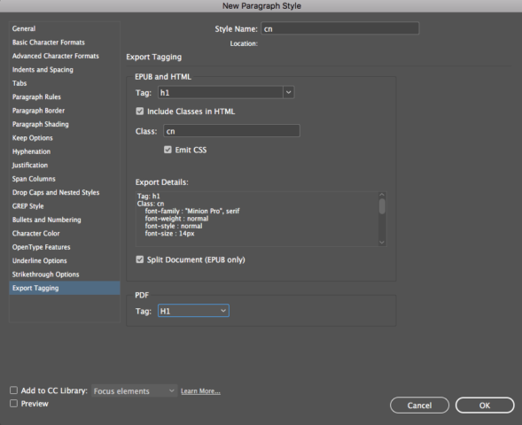Screengrab from InDesign showing the export options for a header tag.