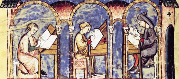 Illustration of three monks working in a scriptorium