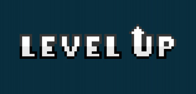 Pixelated text reading "Level Up", with an arrow on the first ascender in the "u" in up.