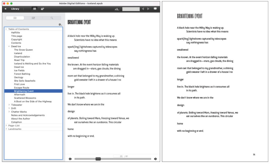 Two screenshots side by side. One is a poem from the ebook edition rendered in Adobe Digital Editions. the other is from the print book.
